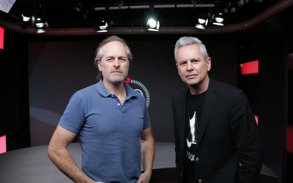Jamie Pennell and Guyon Espiner on the set of 30 With Guyon Espiner, Sept. 2024