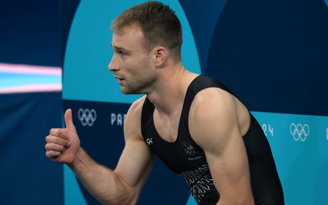 Dylan Schmidt from New Zealand in the qualification round of the trampoline gymnastics at Bercy Arena, Olympics, Paris, France on Friday 2 August 2024. Photo credit: Iain McGregor / www.photosport.nz