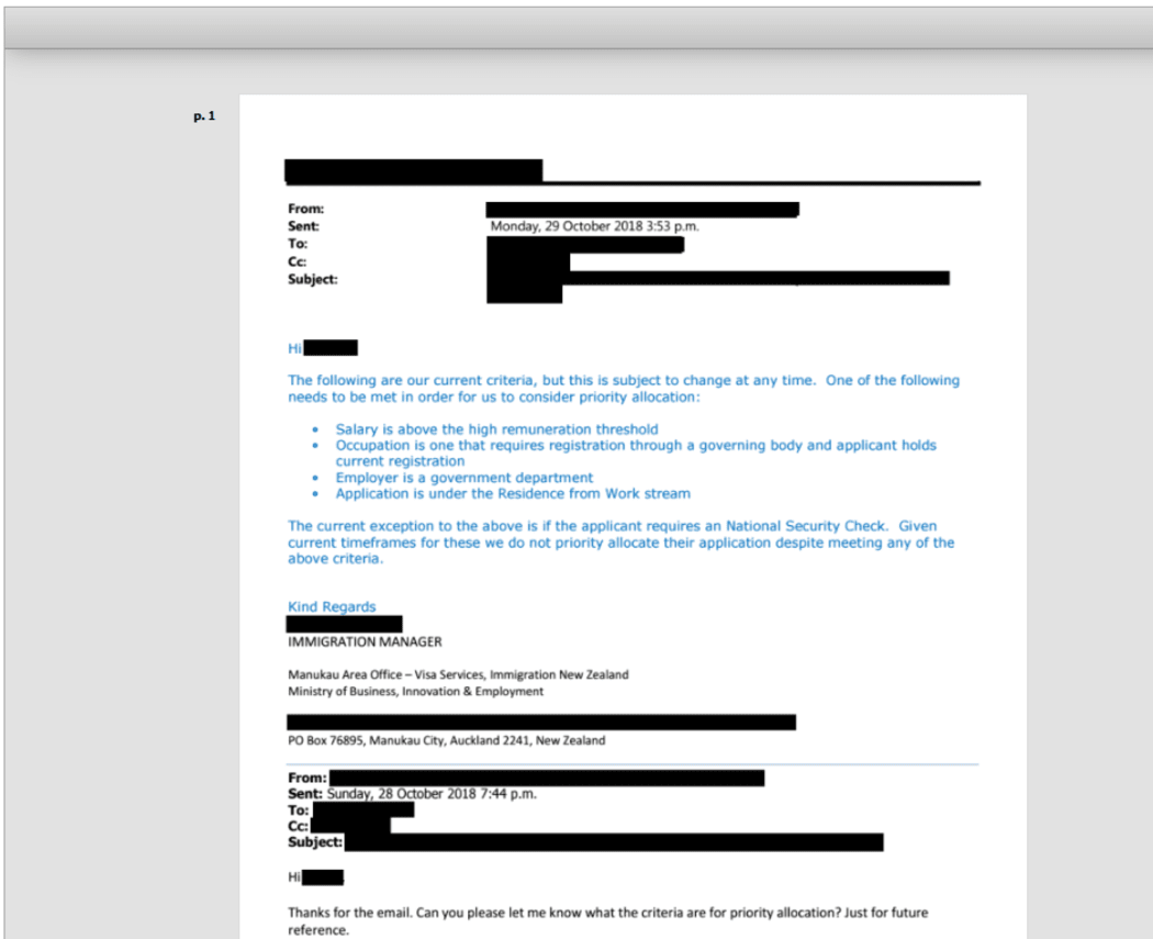 Email from Immigration New Zealand regarding salary threshold for residence visa applications.