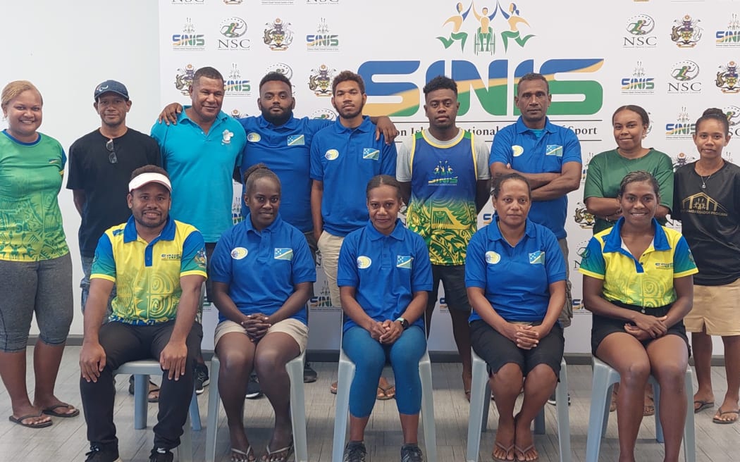 Solomons 'Team Archery' members: Andrew Lano (coach), Margaret Melue, Marissa Maisa, Robson Talu, Doris Laula, John Ruku, Moses Nadu, Isaiah Paineitala, Kelly Baedonga, Janet Saru and Mary Koke (SINIS Rehab female coach).