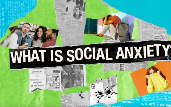 Title says "What is social anxiety?" and there are pictures of social situations and people looking anxious and uncomfortable. There are also images of news articles.