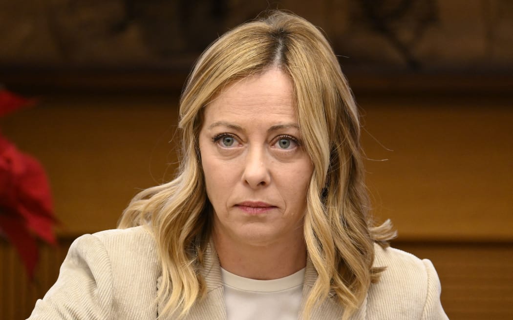 Giorgia Meloni is speaking during the press conference of Prime Minister Giorgia Meloni in the Chamber of Parliamentary Groups, Rome, Italy, on January 4, 2023.