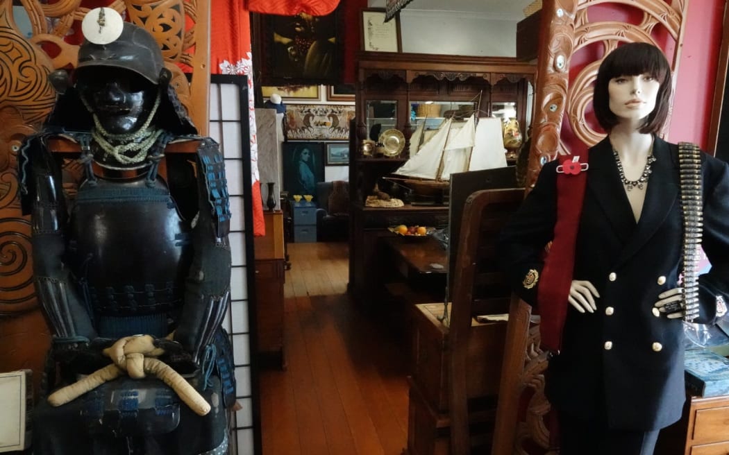 Samurai armour and a mannequin in Bill Subritzky’s intriguing Awanui collectors’ shop.