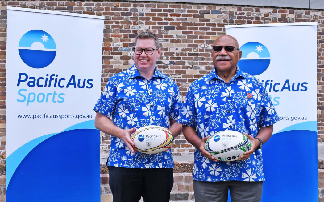 Pat Conroy, left, and Sitiveni Rabuka at the sponsorship launch on Monday, 16 October 2023.