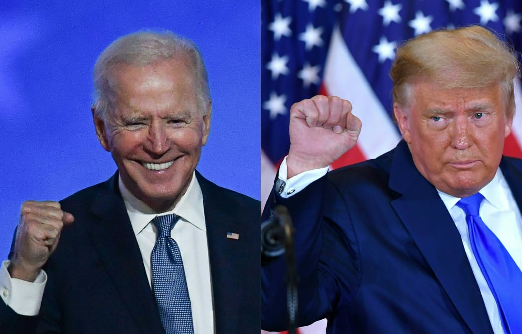 Democratic presidential nominee Joe Biden (L) in Wilmington, Delaware, and US President Donald Trump (R) in Washington, DC both pumping their fist during an election night speech early November 4, 2020.