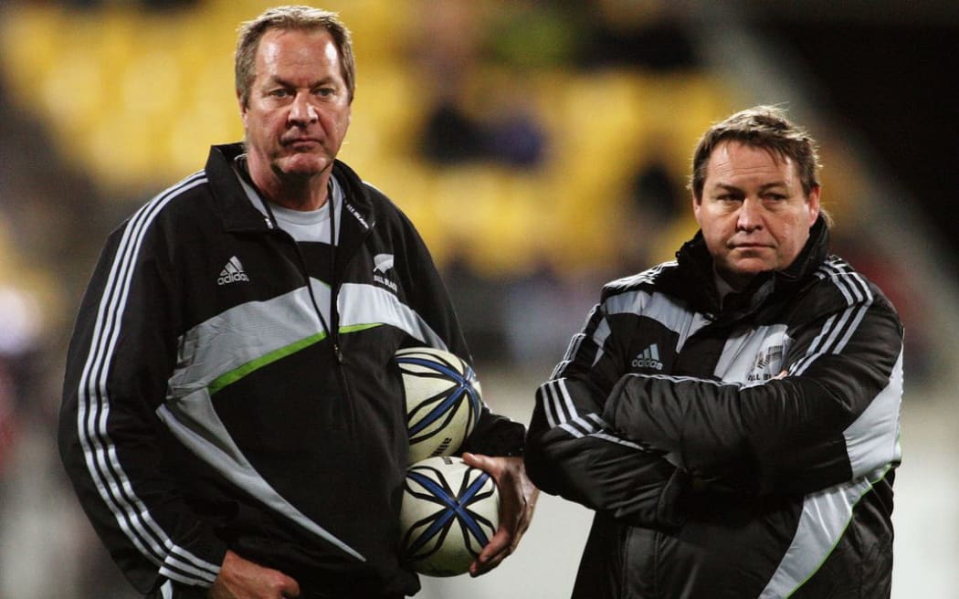 Former All Blacks skills coach Mick Byrne with then-forwards coach Steve Hansen back in 2009 at a Tri-Nations game against Australia at Westpac Stadium, Wellington. Photo: Dave Lintott/PHOTOSPORT