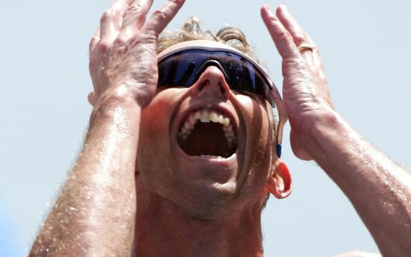 Gold Medalist Hamish Carter shows his delight at winning gold, Athens 2004.