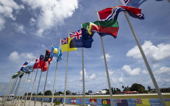 National flags in Nauru for the Pacific Islands Forum.
