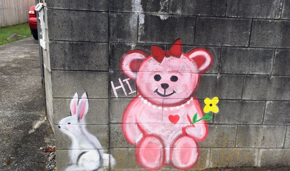 A teddy bear chalk drawing in a Heretaunga street, was one of many messages of support and solidarity chalked on Upper Hutt's streets.