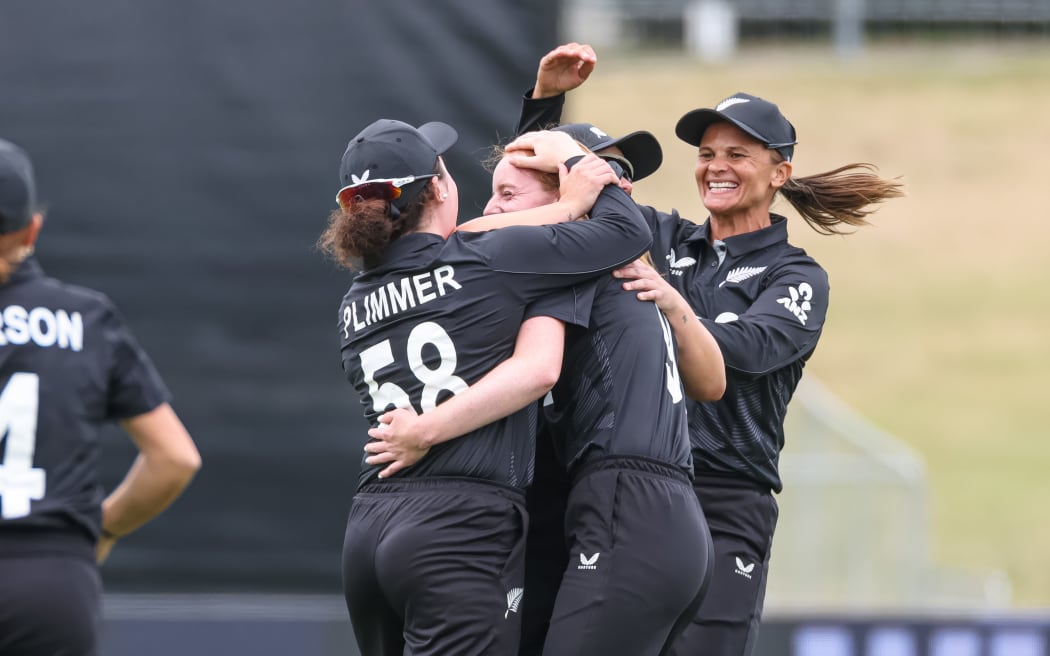 White Fern's Bree Illing celebrates her first international wicket.