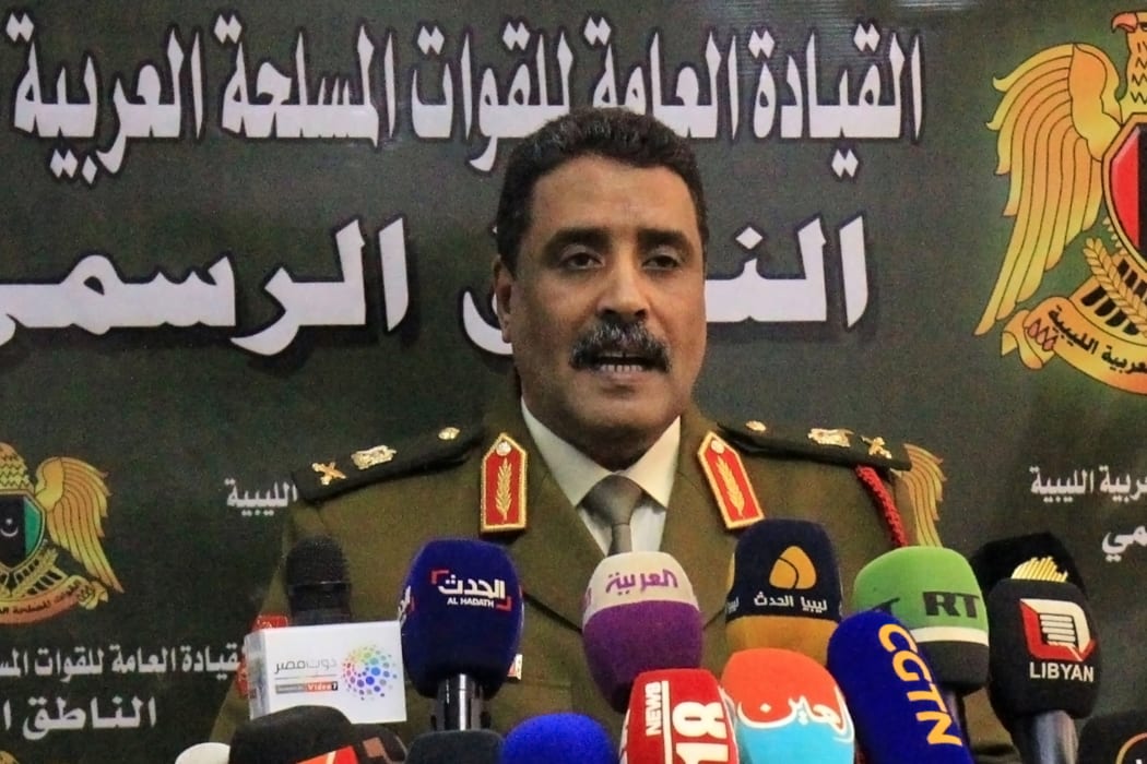 Ahmad al-Mesmari, spokesman for Haftar's forces, addresses the media in the eastern Libyan city of Benghazi.