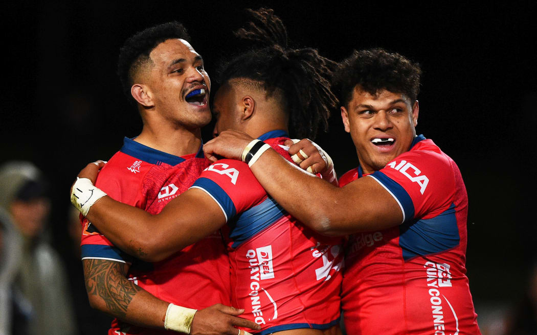Tasman players celebrate Leicester Faingaanuka try during their Mitre 10 Cup Rugby match. Tasman Mako v Auckland. Trafalgar Park, Nelson, New Zealand. Friday 27 September 2019. ©Copyright Photo: Chris Symes / www.photosport.nz