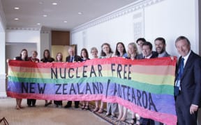 NZers at UN Headquarters, NY. (L-R: Lucy Stewart, Kate Dewes, Charlotte Skerten (MFAT), Anna Crowe, Roger Clark, Alice Osman, Treasa Dunworth, Amb. Dell Higgie (MFAT), Katy Donnelly (MFAT), Michelle Podmore (MFAT), Richard Slade, John Borrie, Lyndon Burford, Rob Green