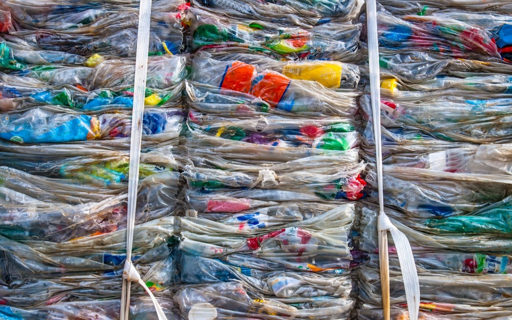 Details of a plastic waste stack in a supermarket
