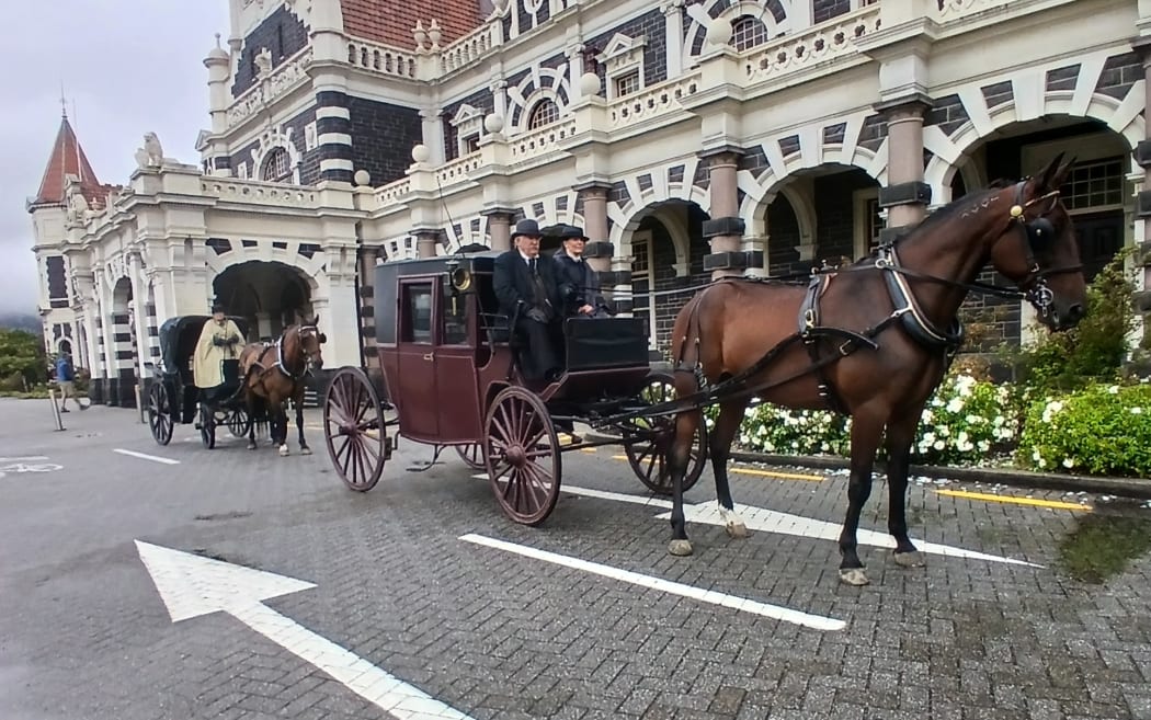 Antique Carriages' vehicles being towed by horses during the filming of a Netflix adaptation of East of Eden, in Dunedin.