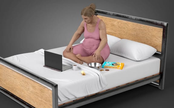 Furniture at Work UK's digitally-generated model 'Anna' working from her bed.