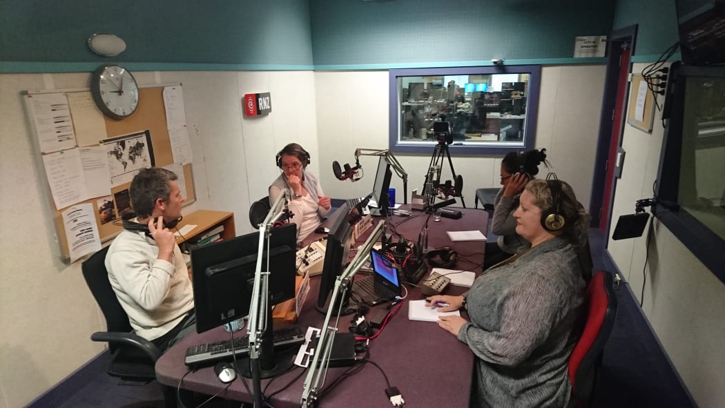The Wellington branch of the media panel (clockwise from the left: Colin Peacock, Lynn Freeman,  Tracy Watkins, and Jane Patterson.