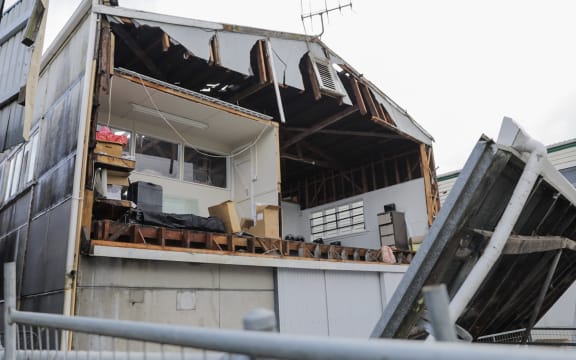 A building in Levin is seen with its wall missing following the storm that ripped through the town on 20 May, 2022.