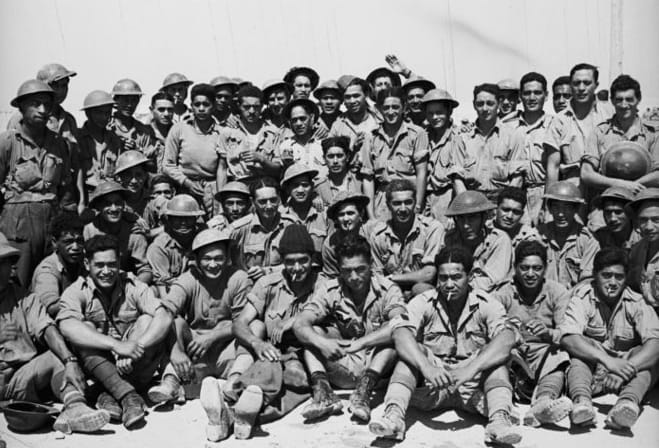 The 28th Maori Battalion at a transit camp in Egypt on the morning after their evacuation from Crete, June 1941.