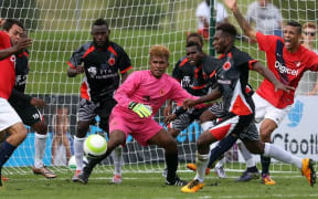 Solomon Warriors defend their goal against Amicale FC duirng the 2016 OFC Champions League.
