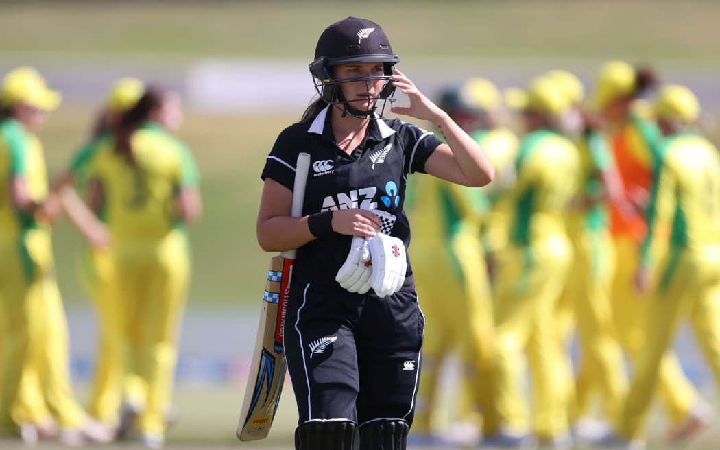 White Ferns Amelia Kerr walks from the field after being dismissed by Australia 2021.