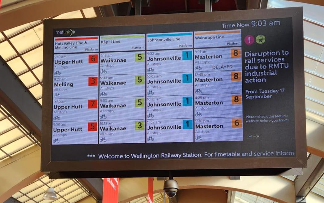 A sign at Wellington Railway Station saying services are disrupted due to industrial action on 18 September 2024.
