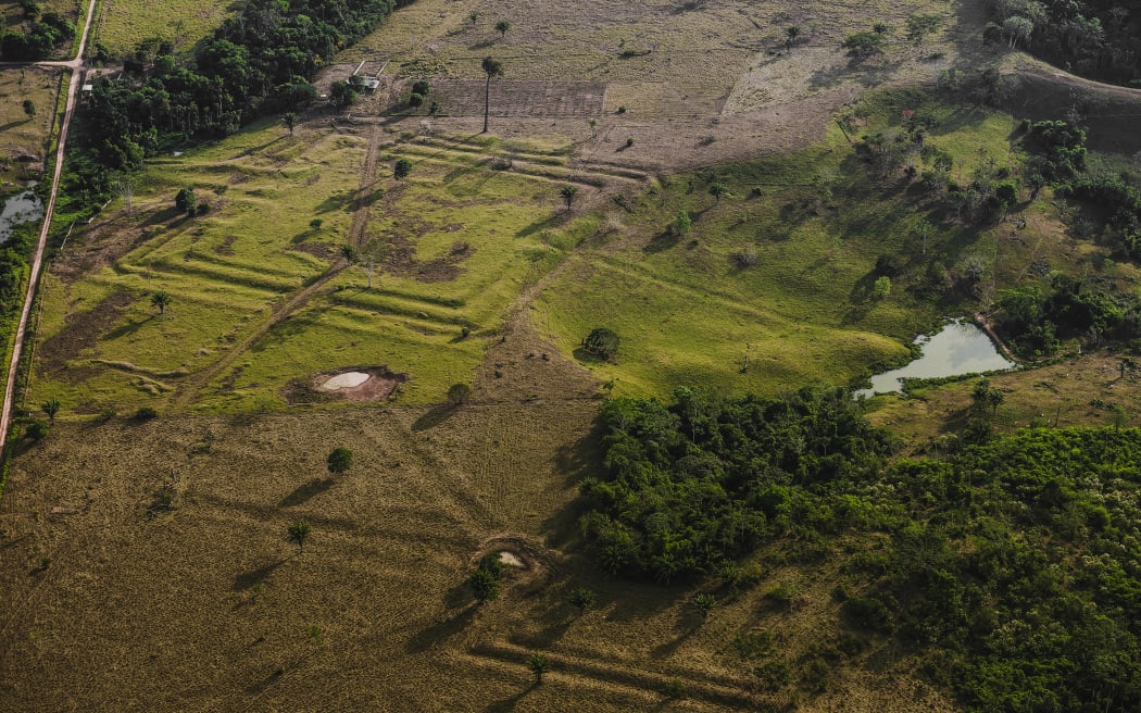 Earthworks indicating a pre- European era settlement in a cleared part of the  Amazon in Brazil