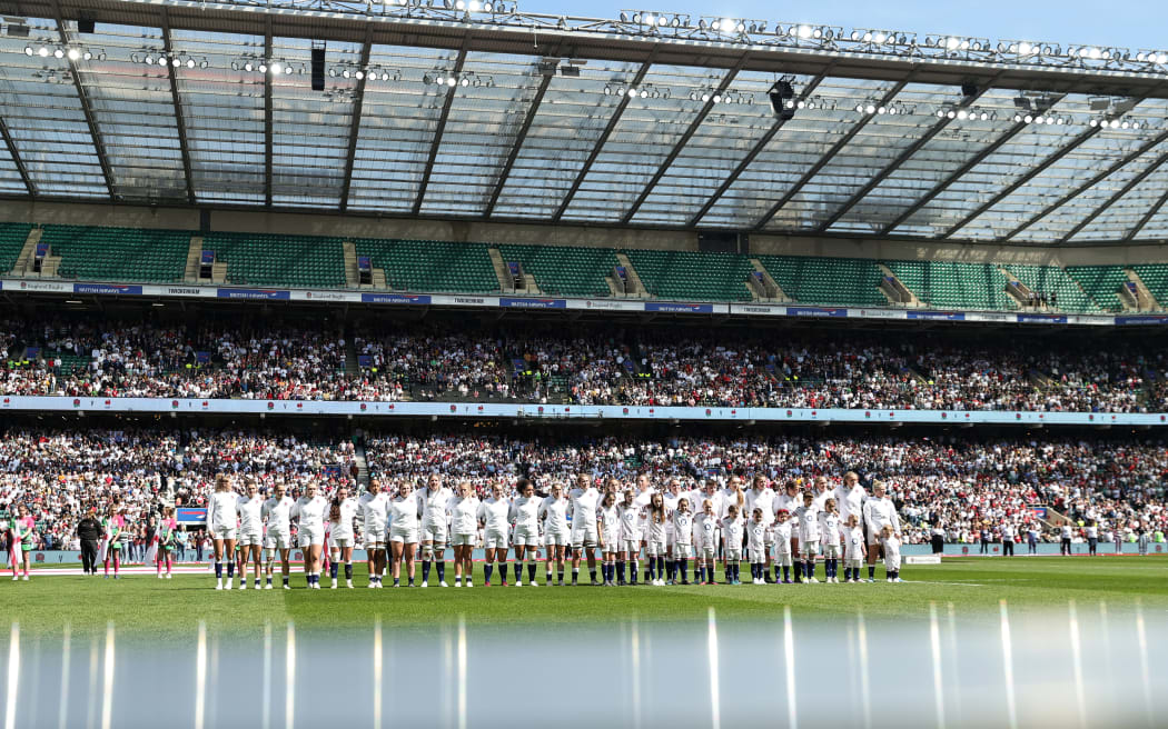 The England team stand for the national anthem prior to the TikTok Women's Six Nations match between England and France at Twickenham Stadium.