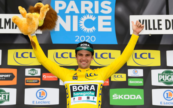 VALDEBLORE LA COLMIANE, FRANCE - MARCH 14 :  SCHACHMANN Maximilian (GER) of BORA - HANSGROHE pictured with the yellow jersey during the final podium ceremony of the Paris - Nice cycling race March 14, 2020