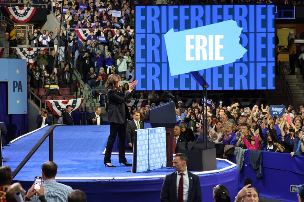 ERIE, PENNSYLVANIA - OCTOBER 14: Democratic presidential nominee, Vice President Kamala Harris speaks during a campaign rally at Erie Insurance Arena on October 14, 2024 in Erie, Pennsylvania. U.S. Sen. John Fetterman (D-PA) was scheduled to attend the evening event with Harris, who is stumping in this bellwether county of a battleground state in which a recent New York Times/Siena College poll shows her leading, but within the margin of error.   Michael M. Santiago/Getty Images/AFP (Photo by Michael M. Santiago / GETTY IMAGES NORTH AMERICA / Getty Images via AFP)