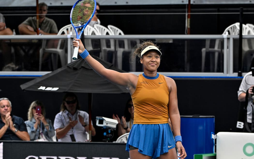 Naomi Osaka of Japan celebrates her win against Julia Grabher of Austria.