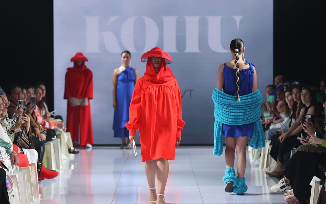 AUCKLAND, NEW ZEALAND - AUGUST 31: A model walks the runway during the KaistorSt show during New Zealand Fashion Week 23: Kahuria at Viaduct Events Centre‎ on August 31, 2023 in Auckland, New Zealand.