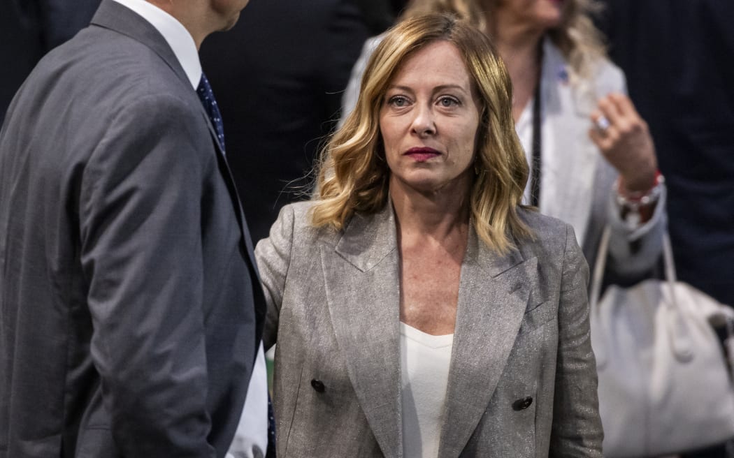 Italian Prime Minister Giorgia Meloni attends a meeting of the NATO-Ukraine Council during the NATO 75th anniversary summit at the Walter E. Washington Convention Center in Washington, DC, on July 11, 2024. (Photo by SAMUEL CORUM / AFP)