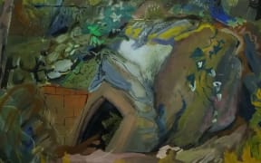 The painting by Frances Hodgkins features layers of paint in green and brown depicting the opening of a mine.