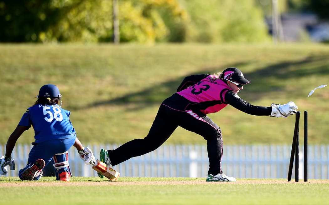 White Ferns player Rachel Priest tries for a run out during the 2nd Twenty20 cricket match against Sri Lanka at Saxton Oval in 2015.