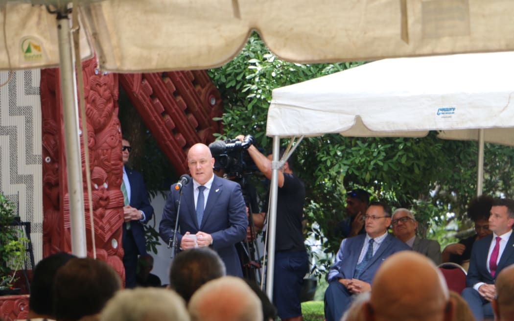 National Party leader Christopher Luxon speaking at Waitangi in 2023. In his speech Luxon said his party wants to see all Treaty claims settled and National would work "faithfully" with Ngāpuhi for iwi to settle.
