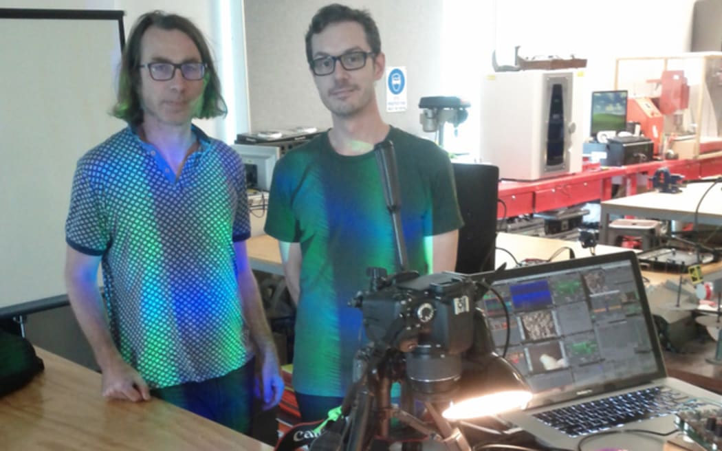 Lighting technician Kim Newall and Tony Stamp