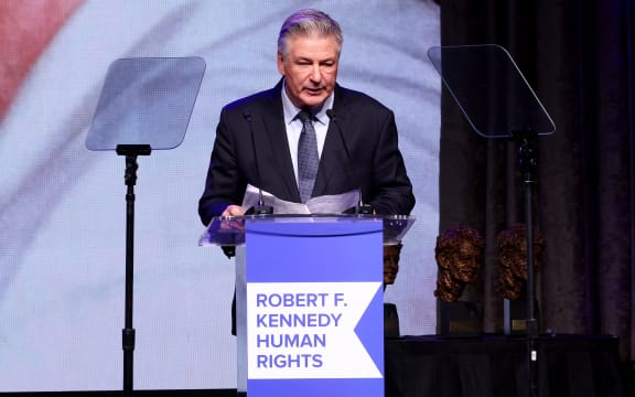 Alec Baldwin speaks onstage during the Robert F. Kennedy Human Rights' 2023 Ripple of Hope Gala on December 06, 2023 in New York City.