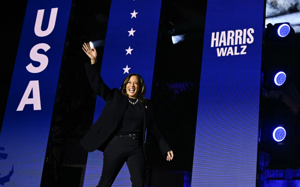 US Vice President and Democratic presidential candidate Kamala Harris arrives to speak during a campaign rally on the Benjamin Franklin Parkway in Philadelphia, Pennsylvania on November 4, 2024. (Photo by ANDREW CABALLERO-REYNOLDS / AFP)