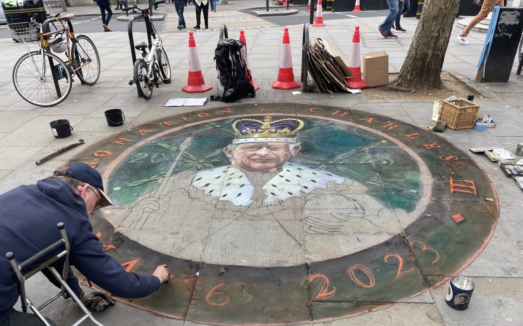 Flags and shop window displays in London as the city prepares for the coronation of King Charles III.