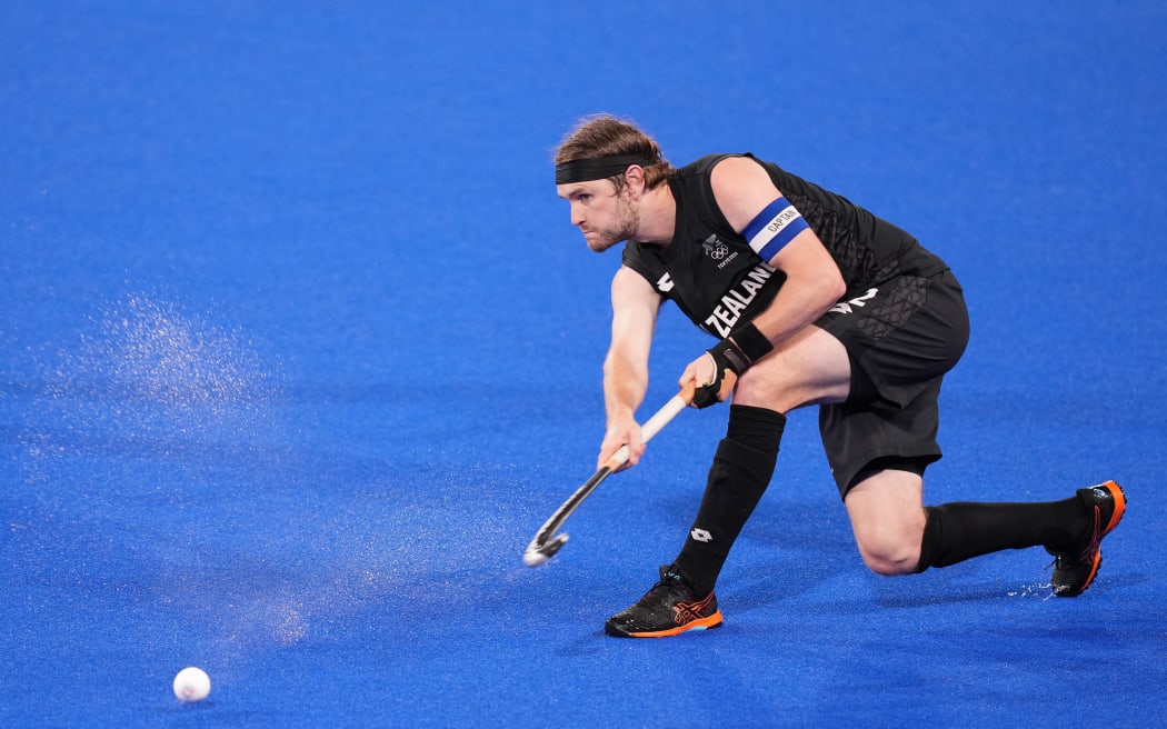 Blair Tarrant in action for the Black Sticks during the Tokyo Olympics.