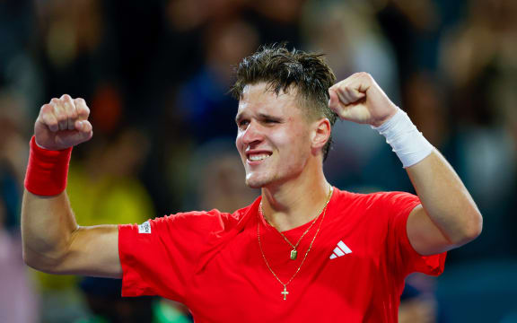 Jakub Mensik (CZE) reacts at the end of the Men’s Singles Final against Novak Djokovic (SRB) during the Miami Open on March 30, 2025.