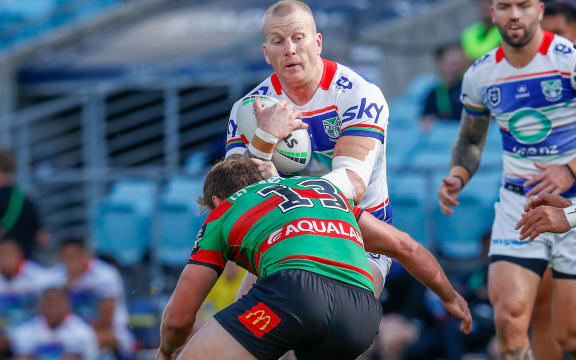 Mitchell Barnett in possession. South Sydney Rabbitohs v One NZ Warriors.
