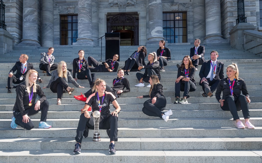 The Silver Ferns with the Netball World Cup during a Netball World Cup celebration at Parliament in Wellington on Monday the 26th of August 2019. Copyright Photo by Marty Melville / www.Photosport.nz
