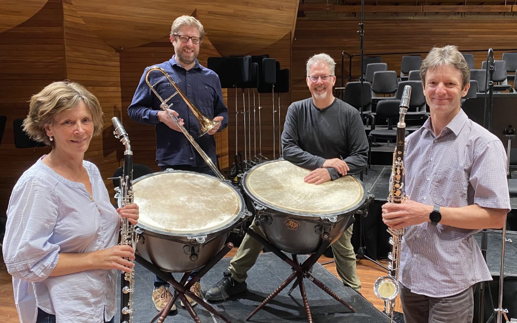 Rachel Vernon and John Robinson with NZSO’s new basset horns, David Bremner with alto trombone, and Larry Reese with baroque timpani.
