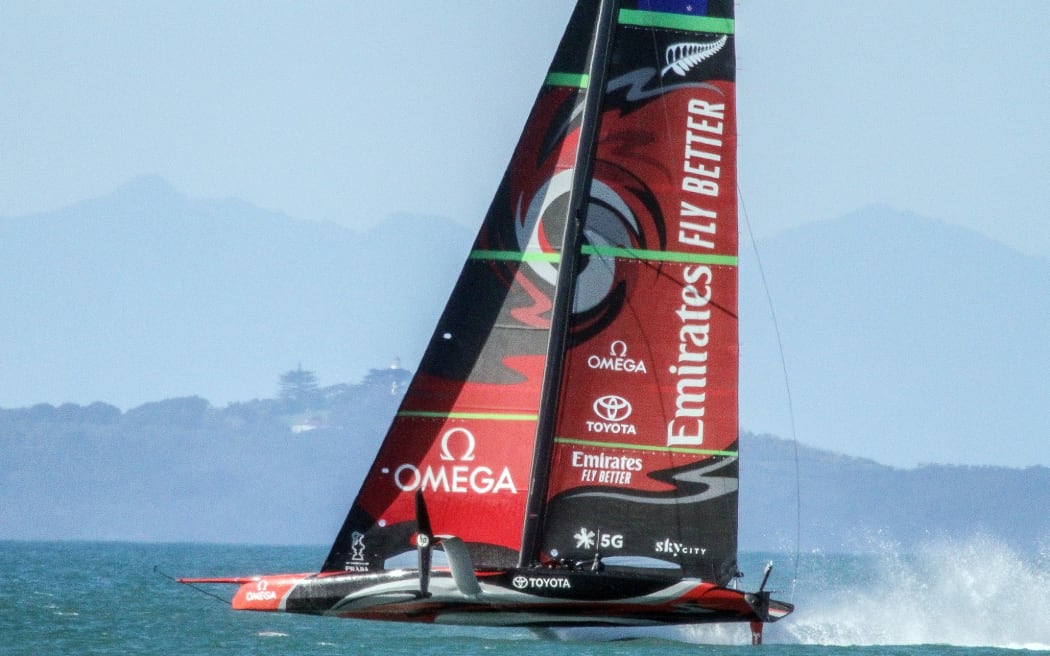 Team New Zealand AC75 Te Aihe sailing off Auckland.