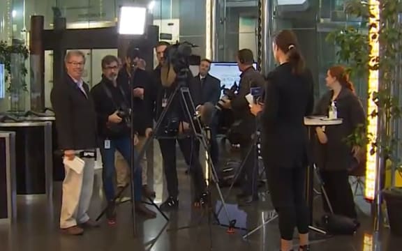 Reporters waiting for the chance to question Wayne Brown at Auckland Council on his first days as mayor.