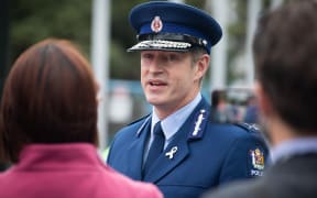 Police Commissioner Andrew Coster talks to media outside Parliament following an event held by local iwi with Parliament as part of the reopening of the grounds following the end of an illegal occupation by protesters for three weeks, March 2022.