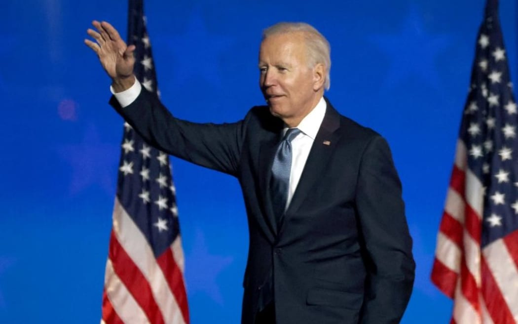 WILMINGTON, DELAWARE - NOVEMBER 04: Democratic presidential nominee Joe Biden speaks at a drive-in election night event at the Chase Center in the early morning hours of November 04, 2020 in Wilmington, Delaware.