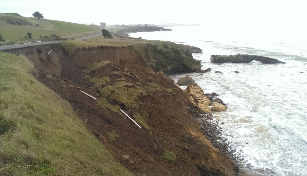 The collapsed section of Beach Road near Kakanui, North Otago.